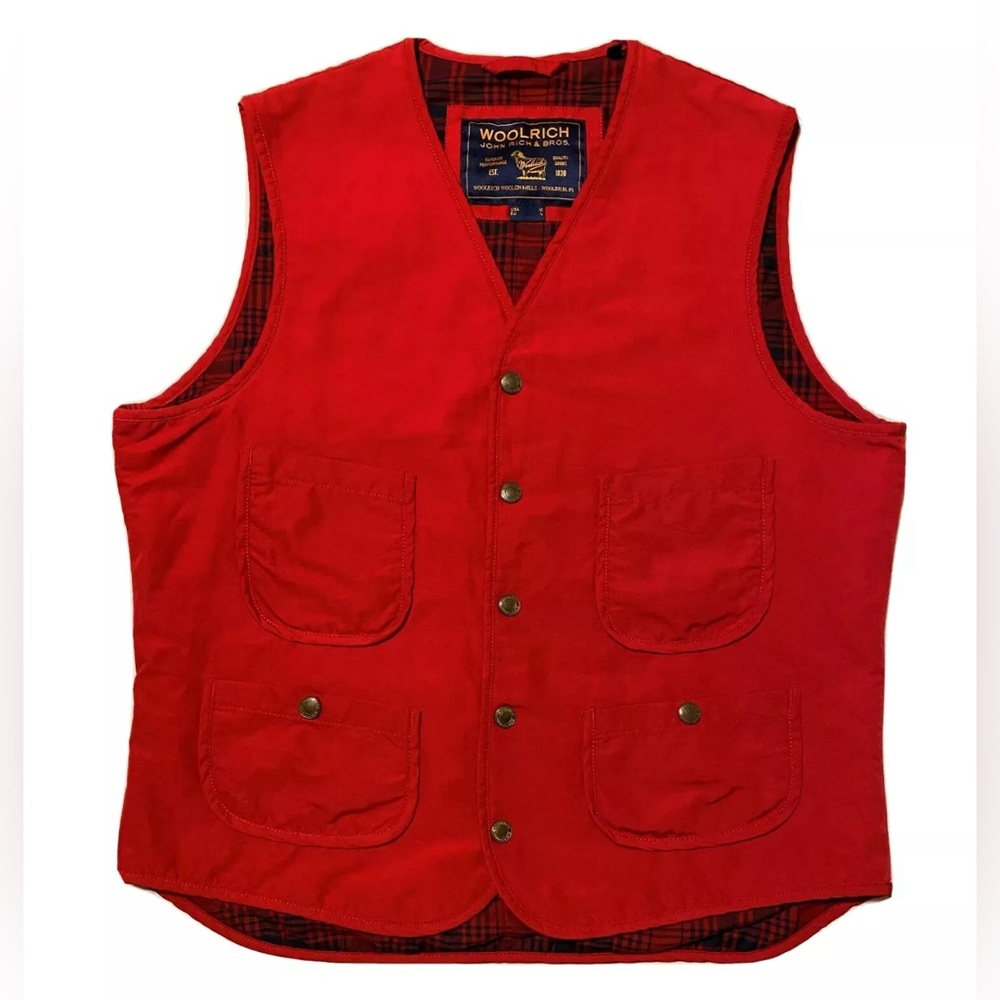 Woolrich Snap Down Red Tartan Lining Back Buckle Pockets Men's Vest Sz M EUC - Picture 5 of 10